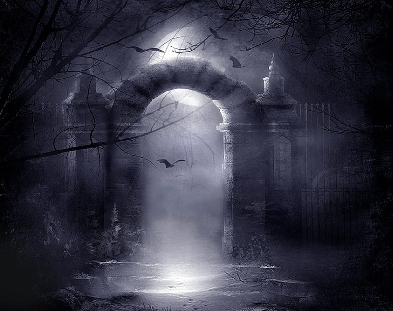 The Point Of No Return, fence, gate, moon, bats, fog, HD wallpaper
