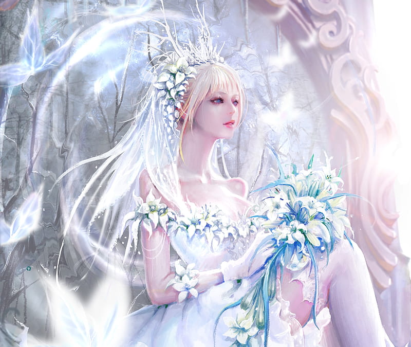 Bride Queen, art, frumusete, luminos, lana g, queen, bride, fantasy, crown, flower, white, blue, HD wallpaper