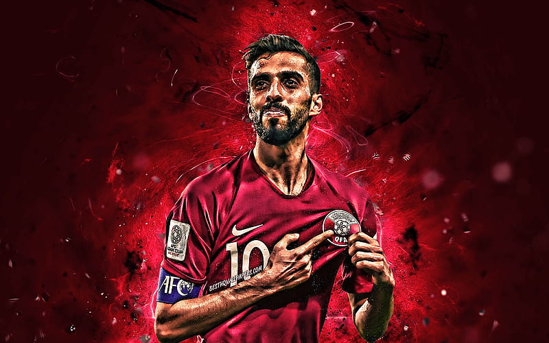 Hassan Al-Haydos, goal, Qatar National Team, soccer, footballers, Hassan Khalid Al-Haydos, neon lights, Qatari football team, HD wallpaper