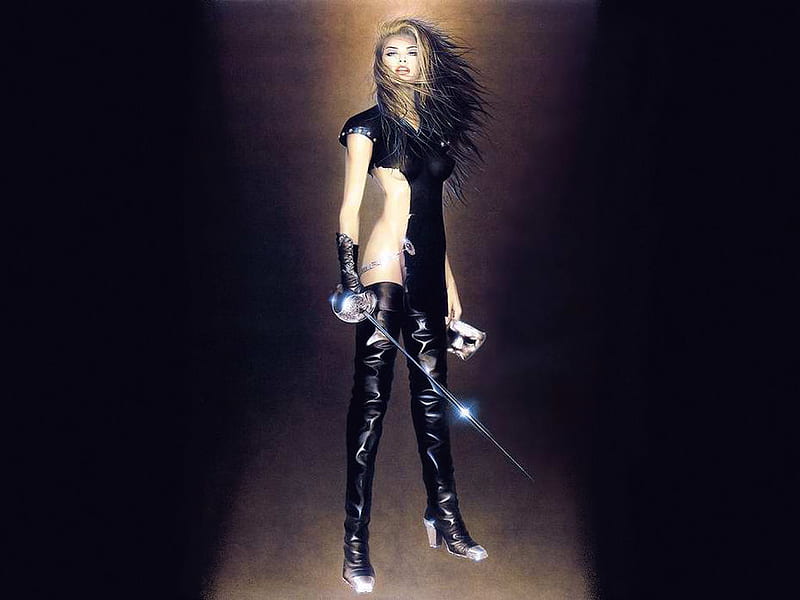 woman with sword, art, pretty, beautyfull, girl, luis royo, black, sexy, HD wallpaper