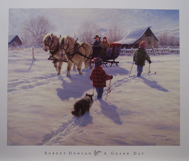 A Grand Winter Day, farm, skiing, sled, horses, dog, winter fun, HD wallpaper