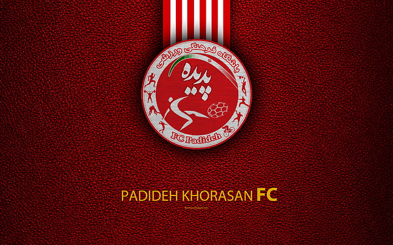 Padideh Khorasan FC logo, leather texture, Iranian football club, emblem, red white lines, Persian Gulf Pro League, Mashhad, Iran, football, HD wallpaper