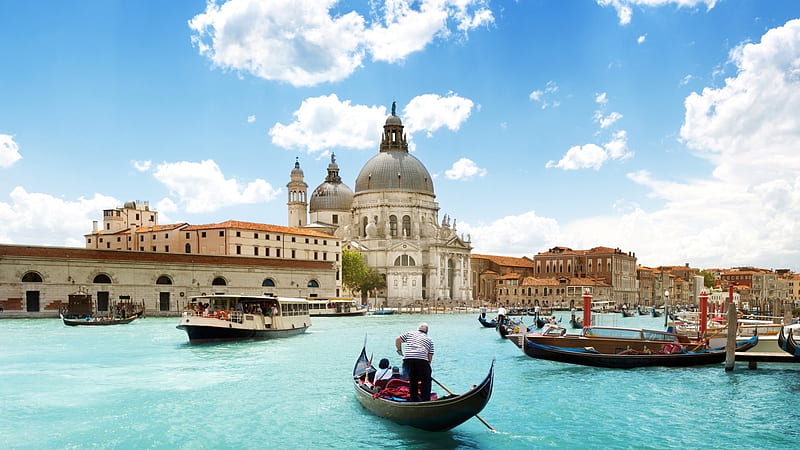 Basilica Santa Maria, Venice, water, gondola, venice, church, canal, HD wallpaper