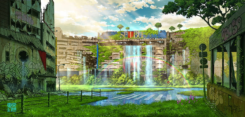 Anime post-apocalyptic, waterfall, rainbow, ruins, green, trees, Anime, HD  wallpaper | Peakpx