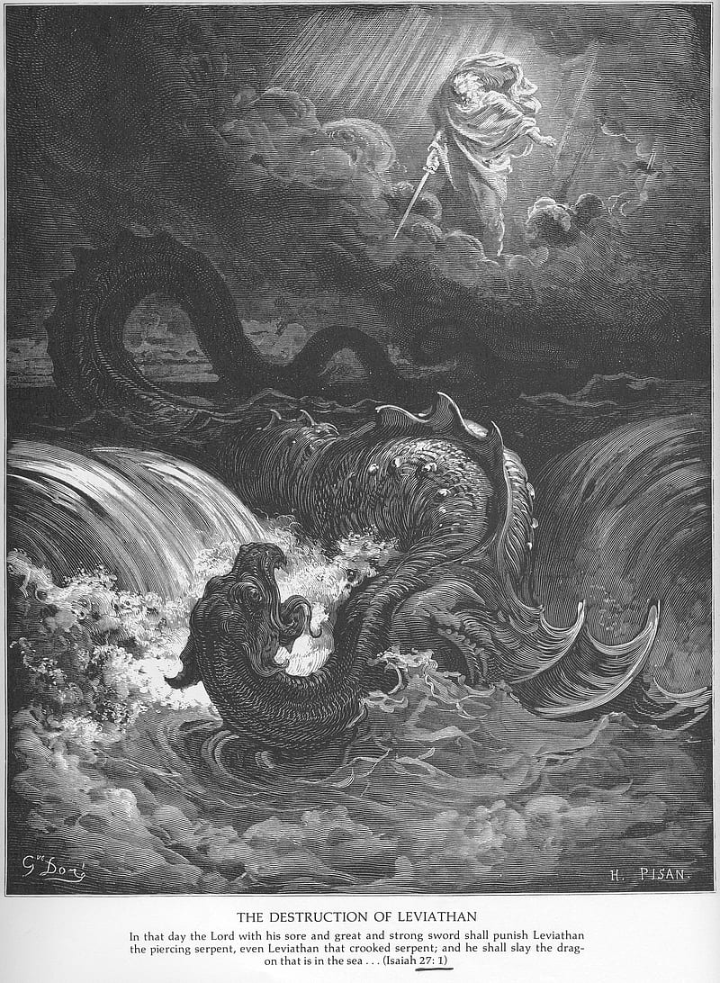 lithograph, Christianity, monochrome, dragon, leviathan, Holy Bible, Jewish, vertical, portrait display, HD phone wallpaper