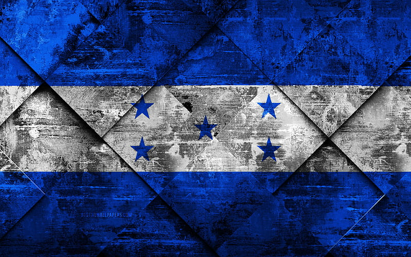 Flag of Honduras grunge art, rhombus grunge texture, Honduras flag, North America, national symbols, Honduras, creative art, HD wallpaper