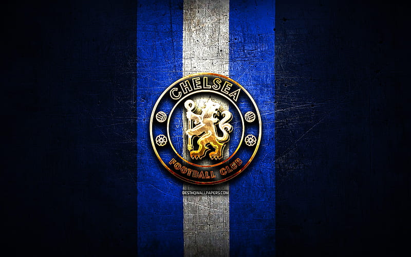 Chelsea FC, golden logo, Premier League, blue metal background, football, Chelsea, english football club, Chelsea logo, soccer, England, HD wallpaper