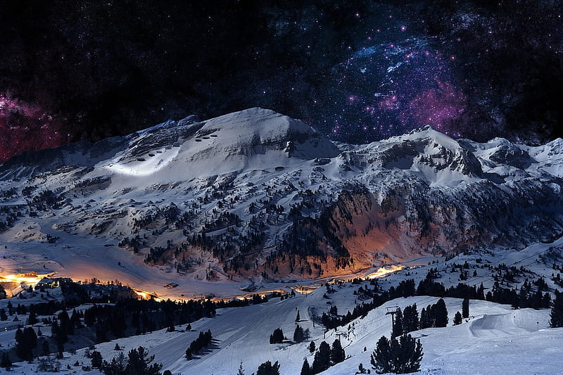 Snow Star, mountain, sky, tree, village, winter, HD wallpaper