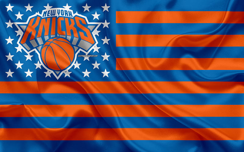 New York Knicks, American basketball club, American creative flag, orange blue flag, NBA, New York, USA, logo, emblem, silk flag, National Basketball Association, basketball, HD wallpaper