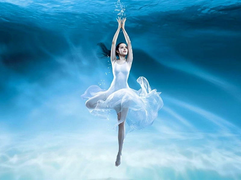 Bailarina en el azul, bailarina, hembra, agua, vestido, blanco, azul,  bailarina, Fondo de pantalla HD | Peakpx