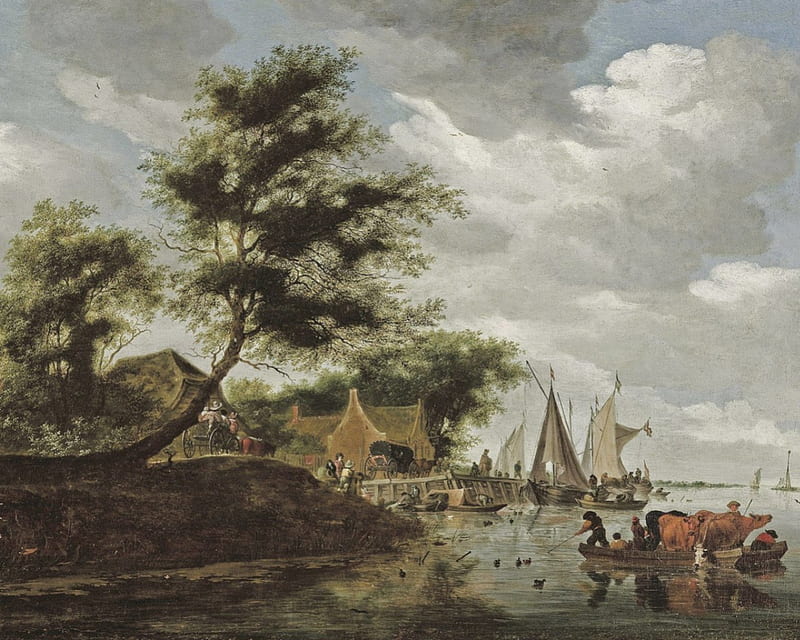 Salomon van Ruysdael - River Landscape with Ferry (1661), painting, seventeenth century, dutch, landscape, HD wallpaper