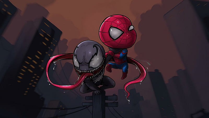 Chibi Spider Venom, spiderman, venom, superheroes, artist, artwork, HD wallpaper