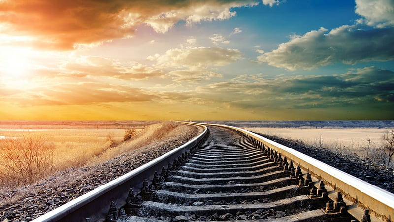 colorful sky over long train tracks, colors, fields, clouds, tracks, HD wallpaper