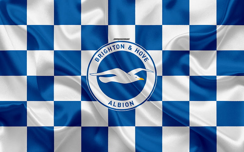 Brighton and Hove Albion FC logo, creative art, blue and white checkered flag, English football club, Premier League, emblem, silk texture, Brighton and Hove, United Kingdom, England, HD wallpaper