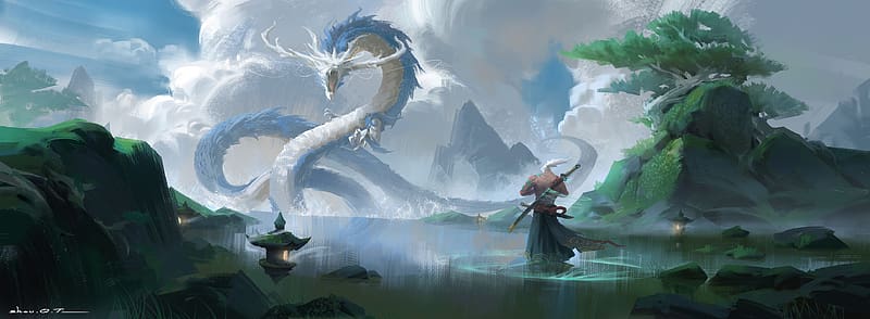 Fantasy, Dragon, Warrior, Samurai, Chinese Dragon, HD wallpaper