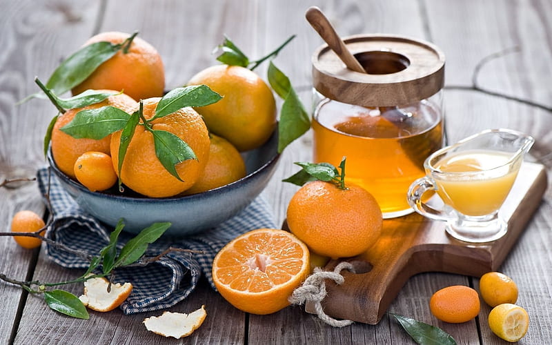 tangerines, board, jar of honey, HD wallpaper