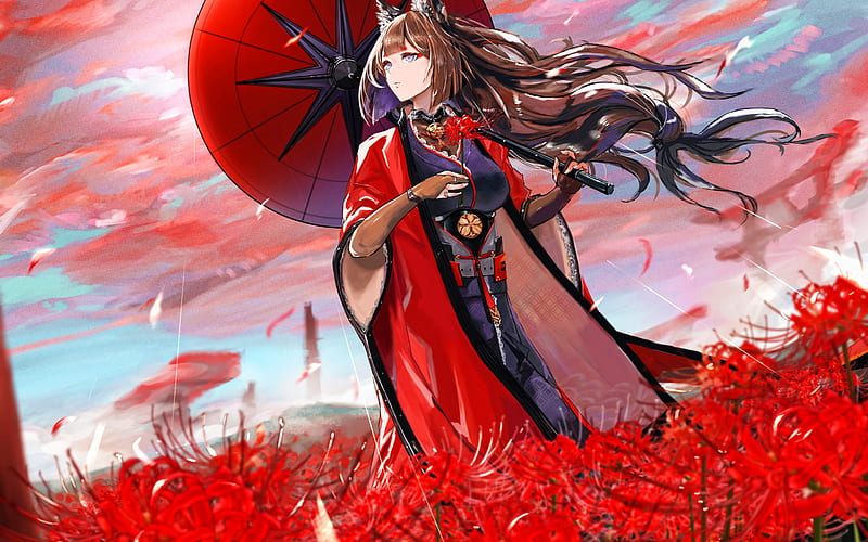 Amagi, Azur Lane, manga, artwork, Azur Lane characters, red flowers, HD wallpaper
