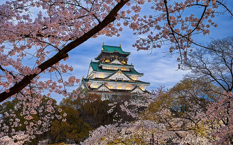 Osaka Castle, japanese castle, spring, evening, sunset, beautiful castle, japanese architecture, landmark, Osaka, japan, HD wallpaper