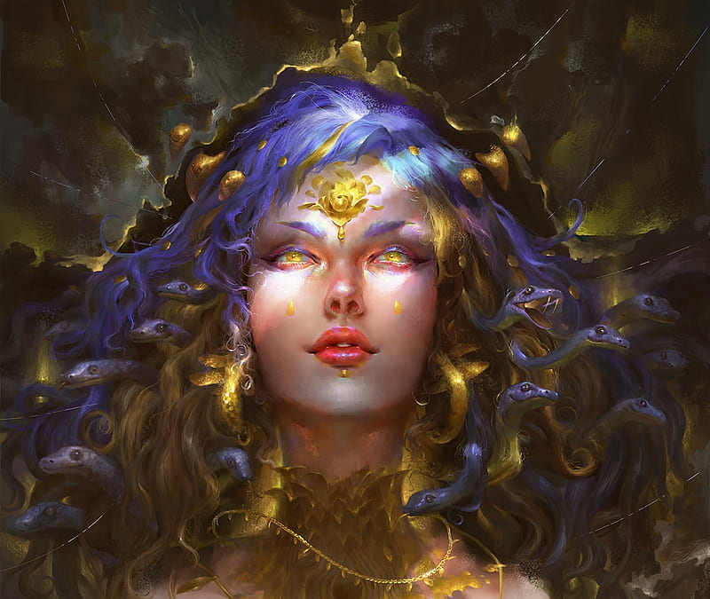 Medusa, art, frumusete, luminos, yellow, nhi tophung, fantasy, girl, face, snake, blue, HD wallpaper