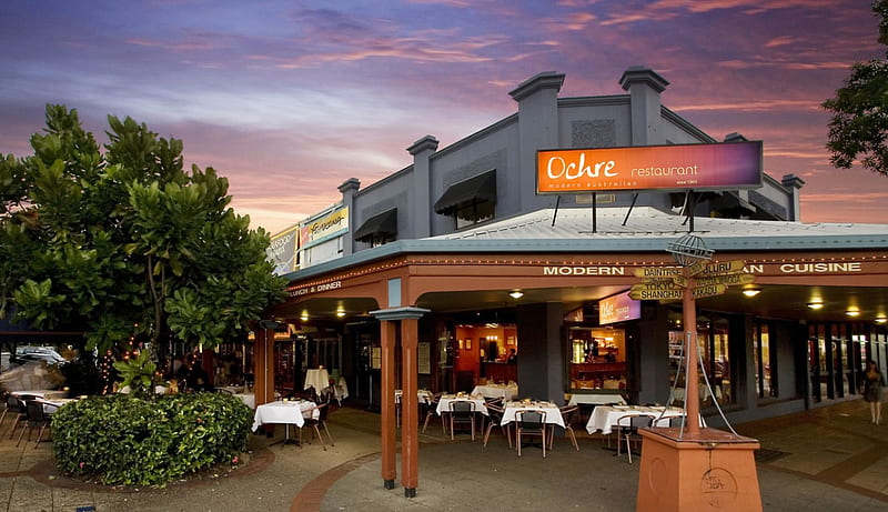 Ochre Restaurant, Cairns, australia, tropical palms, evening, outdoor dining, HD wallpaper