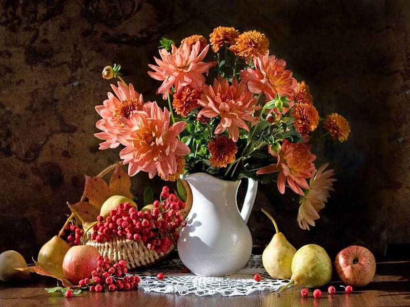 Still life with flowers, Still life, Flowers, Autumn, Nug, Fruits, Jug, HD wallpaper