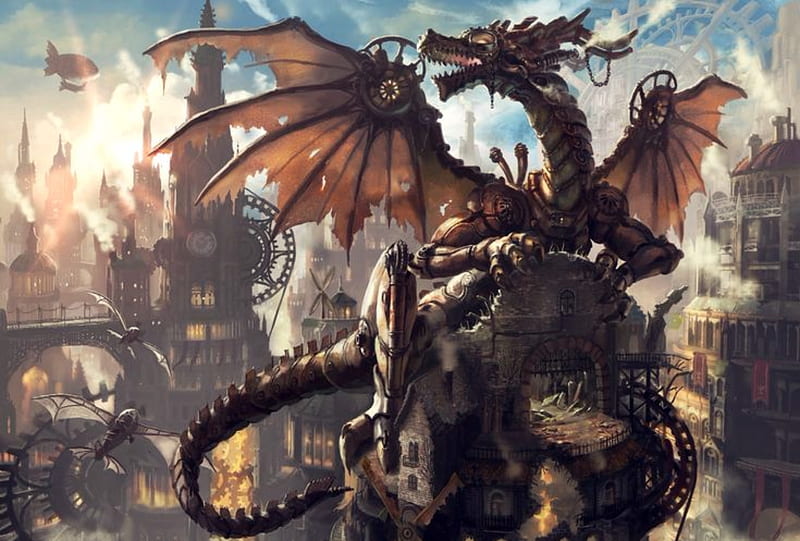 Steampunk Dragon City, Dragon, Steampunk, Abstract, Fantasy, City, HD wallpaper