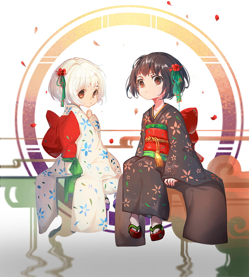 anime girls, loli, Japanese kimono, short hair, HD phone wallpaper