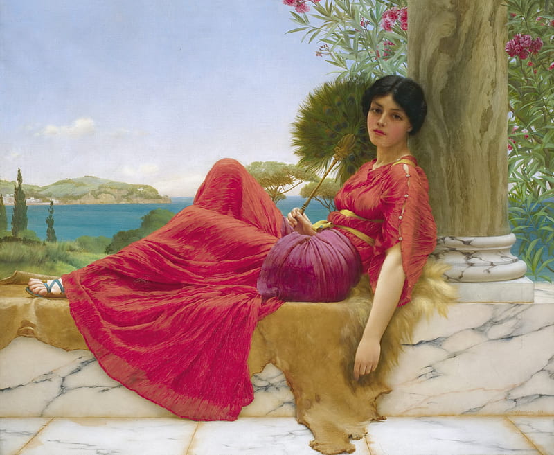Leaning against a column, pictura, hand fan, art, red, frumusete, john william godward, odalisque, girl, evantai, purple, painting, pink, HD wallpaper