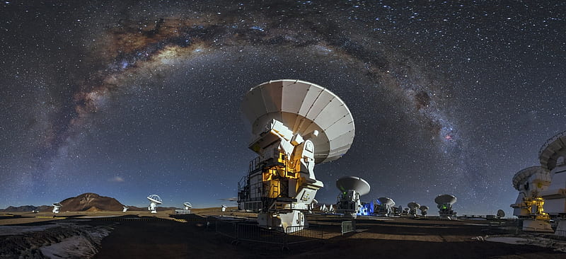#Milky Way, #starry night, #galaxy, #landscape, #technology, #long exposure, #nature, #Atacama Desert, #ALMA Observatory, #Chile, - Rare Gallery, HD wallpaper