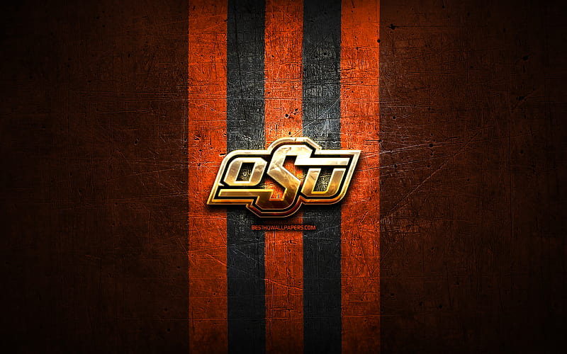 Oklahoma State Cowboys, golden logo, NCAA, orange metal background, american football club, Oklahoma State Cowboys logo, american football, USA, HD wallpaper