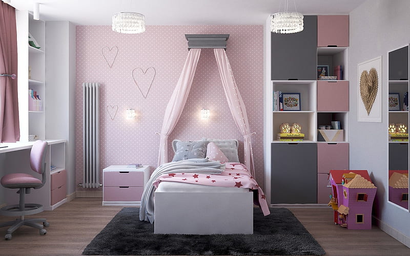 Girl's Bedroom, interior, bedroom, pink, girl, HD wallpaper