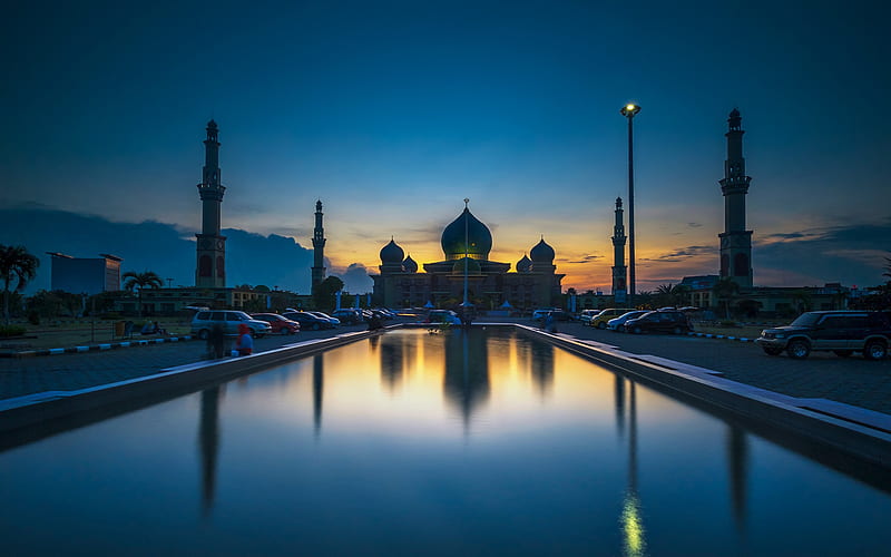 Pekanbaru, Masjid Ar-Rahman, mosque, evening, sunset, landmark, Indonesia, HD wallpaper