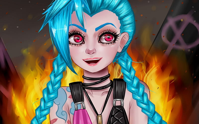 Jinx, art, orange, game, yellow, league of legends, fantasy, girl, amethyst eyes, pink, blue, HD wallpaper