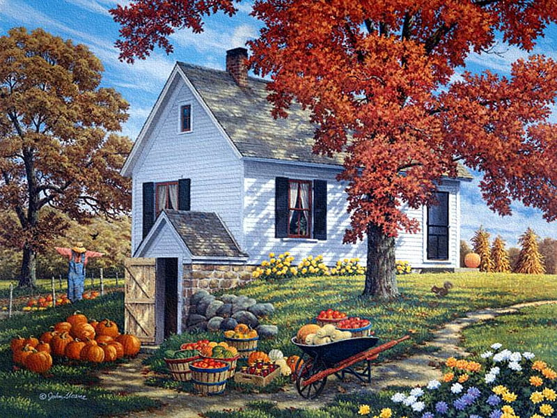 John Sloane. Garden Harvest, art, john sloane, grass, basket, pumpkin, painting, flower, trree, HD wallpaper