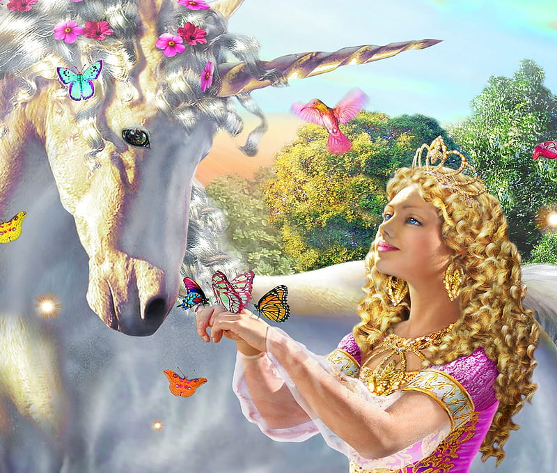 Princess and Unicorn, girl, painting, butterflies, hummingbird, horse, chesterman, artwork, HD wallpaper