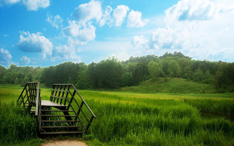 middle-lands, green, bridge, grass, nature, trees, clouds, sky, HD wallpaper