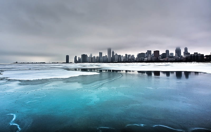 frozen lake and city-beautiful winter landscape, HD wallpaper