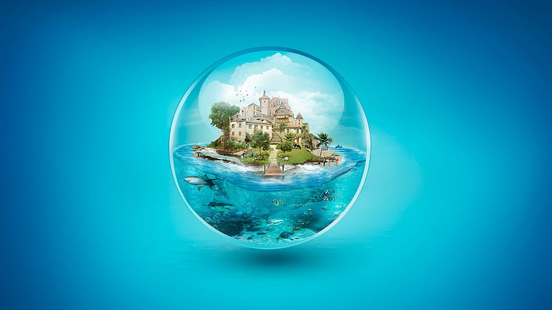 An island in a bubble, cow, house, luminos, fish, creative, sea, fantasy, water, people, summer, island, blue, HD wallpaper