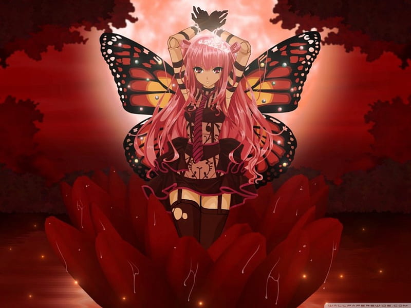 Butterfly Queen, red, glow, wing, floral, butterfly, anime, hot, anime girl, long hair, fairy, female, wings, sexy, cute, girl, flower, pink hair, HD wallpaper