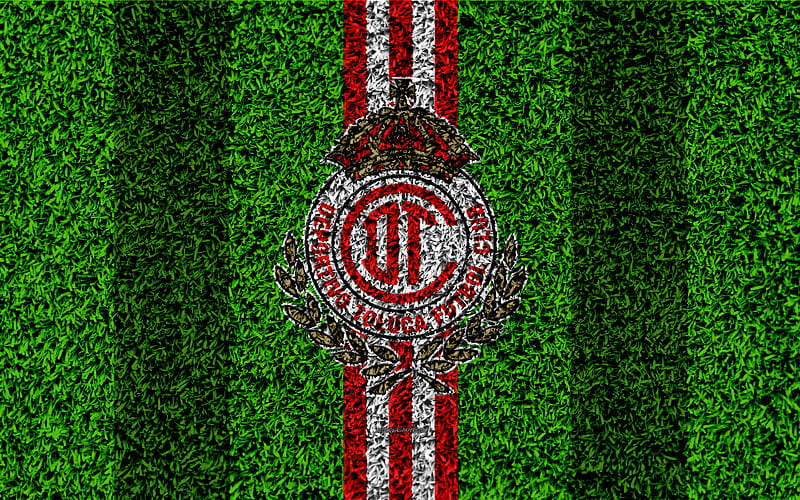 Deportivo Toluca FC football lawn, logo, Mexican football club, emblem, red white lines, Primera Division, Liga MX, grass texture, Toluca de Lerdo, Mexico, football, HD wallpaper