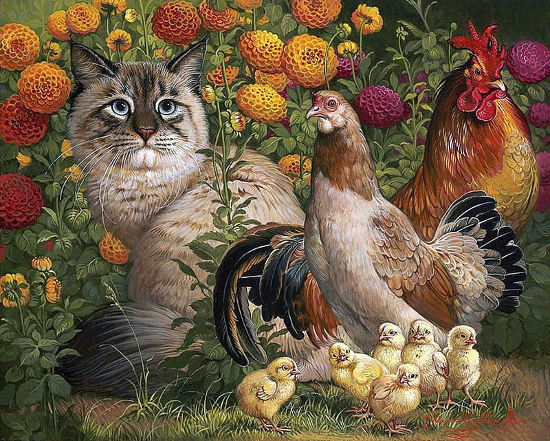 Siberian Cat with Chicken Family, art, bird, chicken, painting, pisici, cat, chicks, pictura, pasari, HD wallpaper