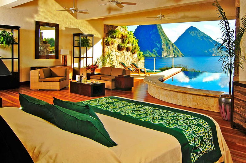 Beautiful View - St Lucia Paradise Island Caribbean West Indies, bonito, st lucia, mountain, room, swimming, luxury, hotel, exotic, islands, view, pool, caribbean, suite, paradise, west indies, island, tropical, HD wallpaper