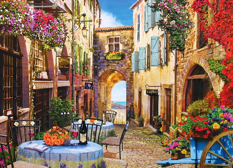 French Village, table, wine, houses, painting, flowers, artwork, HD wallpaper