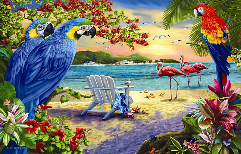 Secluded Beach, beach, flamingos, tshirt, chairs, puzzle, HD wallpaper