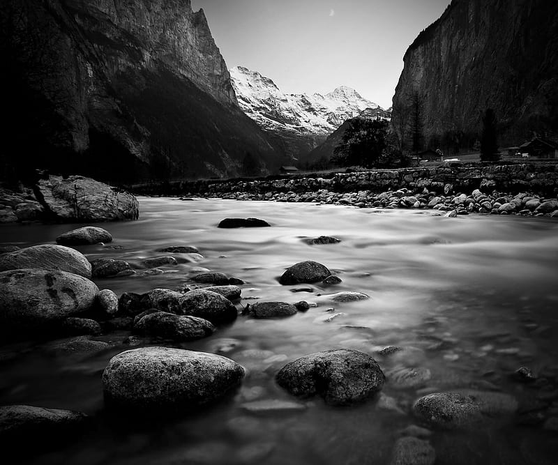 Nature , awesome, black, black and white, dark, lg, river, HD wallpaper