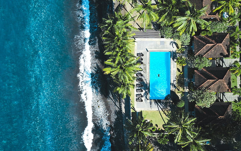 Bali, hotel, swimming pool, beach, view from above, sea, resort, Indonesia, HD wallpaper