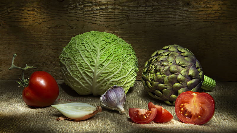 Food, Vegetables, Artichoke, Cabbage, Garlic, Onion, Still Life, Tomato, HD wallpaper