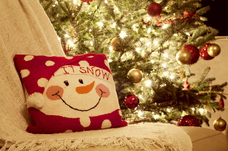 Let It Snow, ornaments, pillow, christmas tree, lights, still life, snow man, chair, santa hat, HD wallpaper