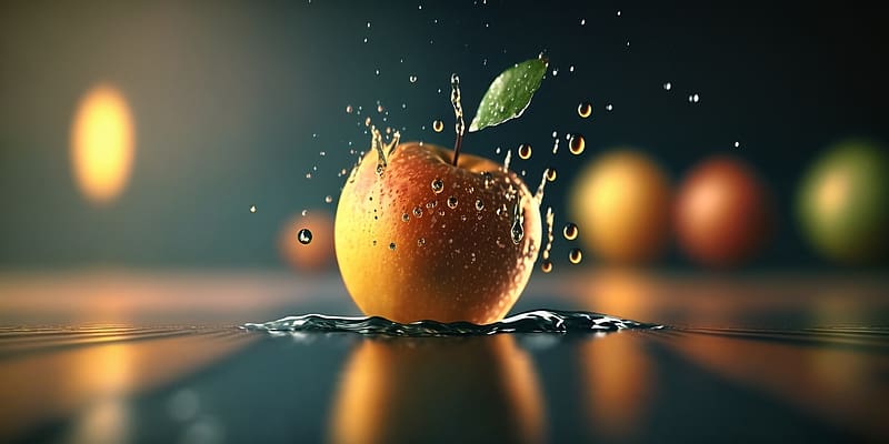 An apple falling into water, Leaf, Apple, Digital art, Drops, Red, HD wallpaper