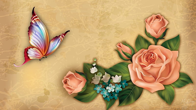 Peach Roses and Butterfly, lily of the valley, butterfly, summer, flowers, roses, shiny, HD wallpaper